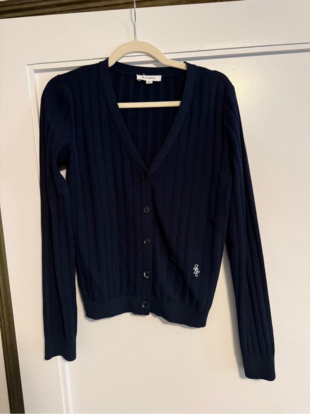Sporty & Rich Navy Ribbed V-Neck Button Cardigan